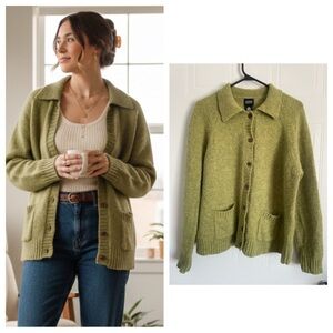 Jacob Size L 100% Wool Green Cardigan Sweater Vintage Grandpa Minimalist
